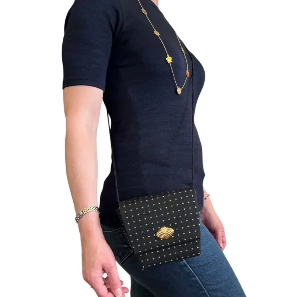 Vintage Whiting & Davis Black Jacquard Gold Dotted Box Convertible Evening Bag